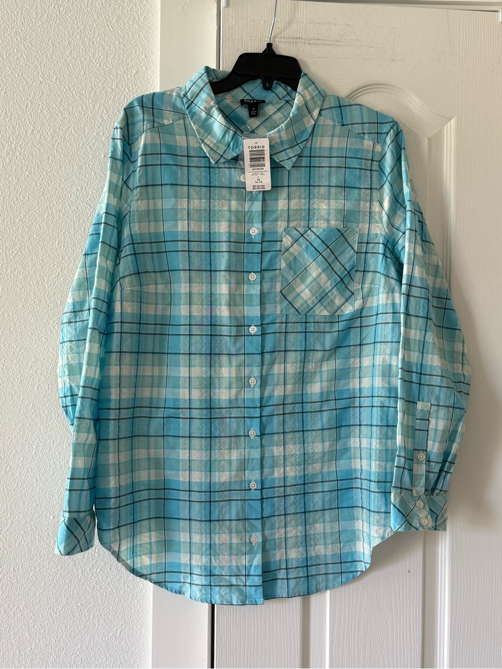 NWT Torrid Lizzie Plaid Button Down Shirt 1X 14/16 Blue Cotton Top